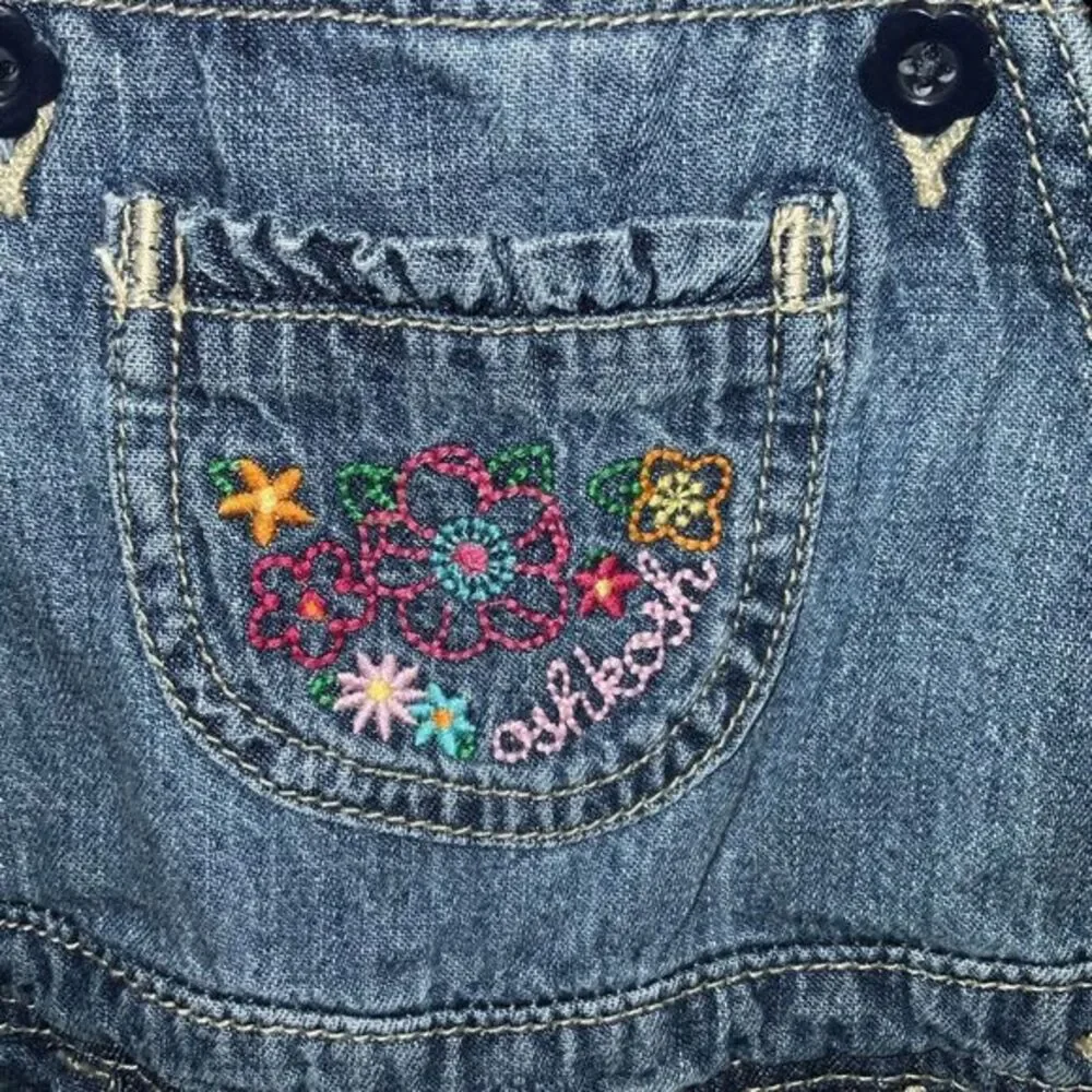 Vintage OshKosh B'gosh Denim Overalls Romper Embroidered Pocket Shorts 12m